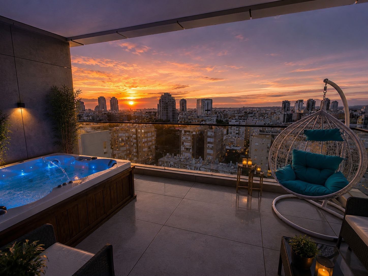 Sunset Jacuzzi Residence — Balcony jacuzzi with sunset view over Netanya